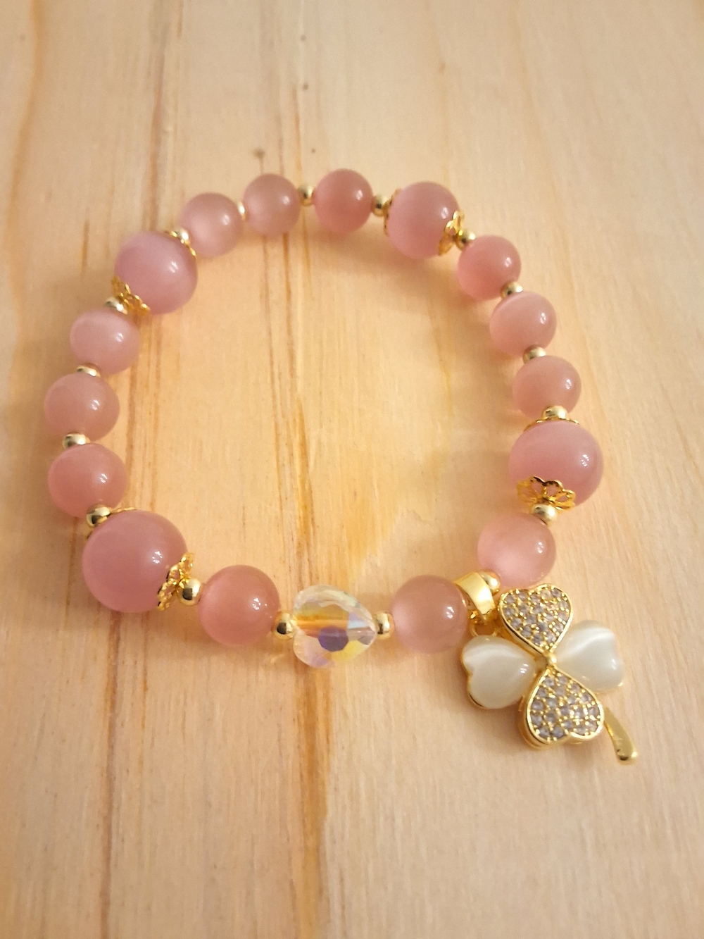 Women's Pink Tiger Eye Clover Charm Bracelet